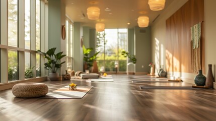 A serene yoga studio with mats props and calming decor offering a peaceful space for wellness and mindfulness practices AI generated illustration - obrazy, fototapety, plakaty