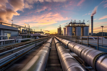 Hydrogen Storage Facility Pipelines at Sunset