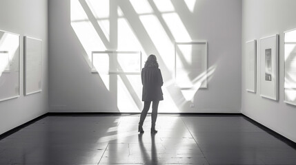 Fototapeta na wymiar Silhouette of a person in a modern art gallery