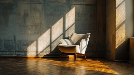 A single sleek modern chair sitting in the middle of an empty hardwood room AI generated illustration