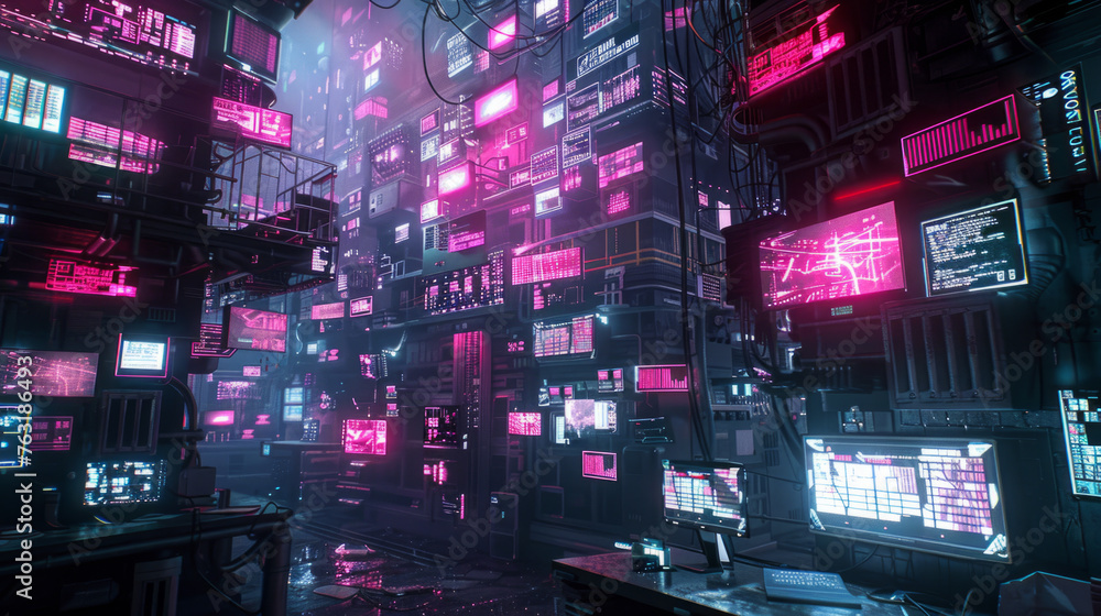 Poster futuristic cyberpunk cityscape with neon signs and screens illuminating a complex array of digital d