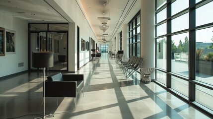 A sleek and modern real estate agency with listing displays meeting areas and real estate agents representing property sales and acquisitions AI generated illustration