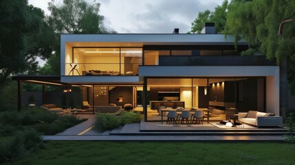 A sleek and modern residence with a spacious backyard and outdoor living area AI generated illustration