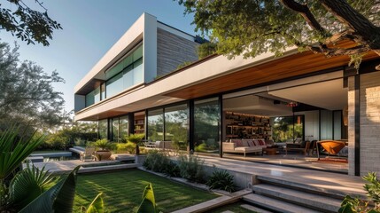 Fototapeta na wymiar A sleek and modern residence with a spacious backyard and outdoor living area AI generated illustration