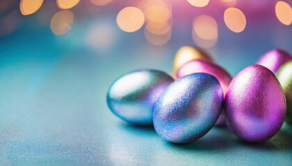 Vibrant holographic Easter eggs on gradient backdrop, symbolizing renewal and celebration, with ample copy space - obrazy, fototapety, plakaty