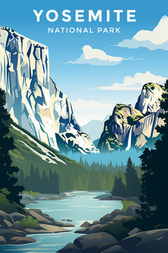 Vintage poster of Yosemite national park, California, USA. Ai generated image