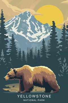 Vintage poster of Yellowstone national park with bear. Ai generated image