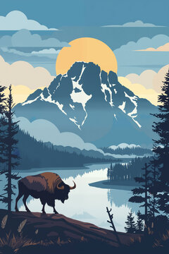 Vintage poster of Yellowstone national park with bison animal. Ai generated image