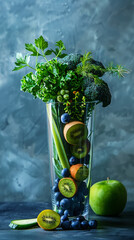 Various fruits and green vegetables in tall thin glass cup.Healthy vegan smoothie concept. Light backdrop. Generative AI