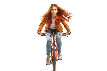 Obraz premium cycle riding young girl isolated on copy space white background, teenage girl riding a bicycle on white background, Girl riding a bicycle, Front view and looking at the camera
