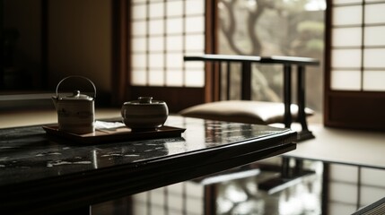A sole yen on a glossy black table within an empty traditional Japanese room AI generated illustration