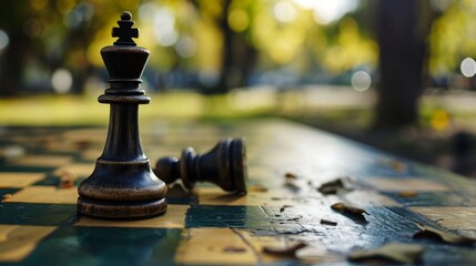 A solitary chess board on a park table with a lone king toppled over AI generated illustration - obrazy, fototapety, plakaty
