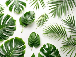 A variety of lush tropical leaves spread out over a bright white background, creating a natural and vibrant pattern.