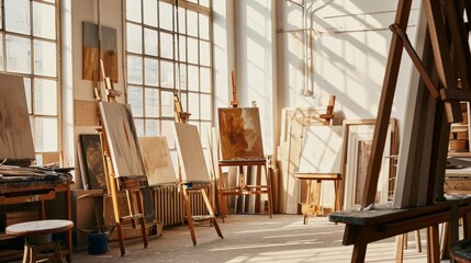 A sunny artist studio with empty canvases on easels AI generated illustration