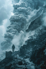 A lone adventurer treks across rocky terrain as a massive volcanic eruption spews ash and smoke into the air, creating a dramatic and dangerous natural scene