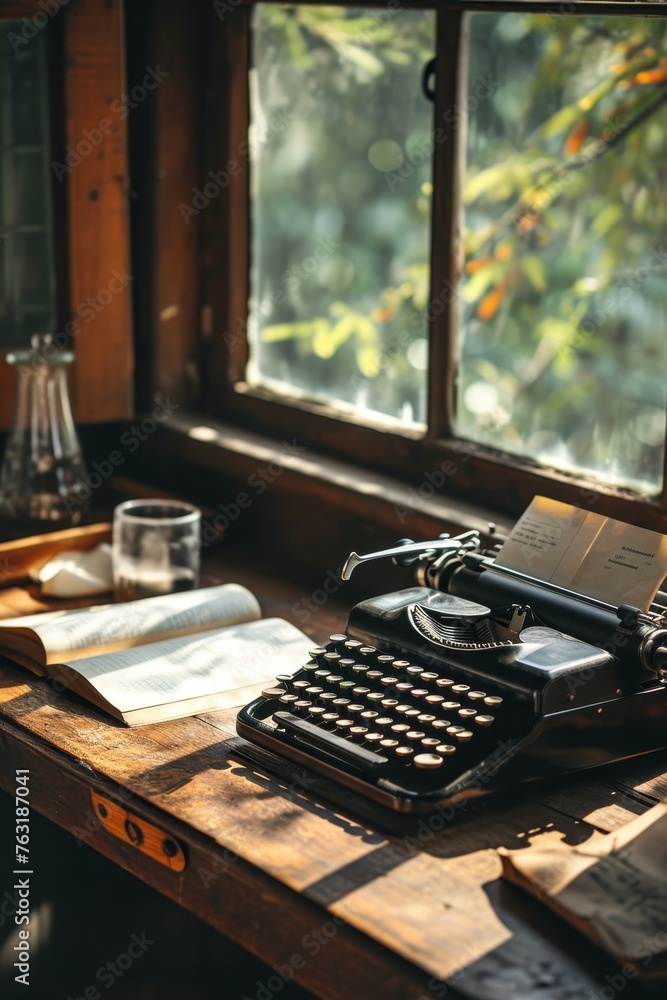 Poster a tidy writers desk with just a typewriter and an empty notepad ai generated illustration