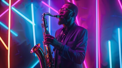 African American jazz musician playing saxophone in studio, with neon light