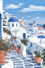 Santorini travel poster, design with traditional white buildings with blue roofs. Ai generated image