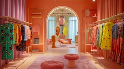 an image that captures the essence of a chic women's clothing store, with a focus on the fashionable and colorful collection