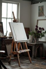 A tranquil artists studio with a blank canvas on an easel AI generated illustration