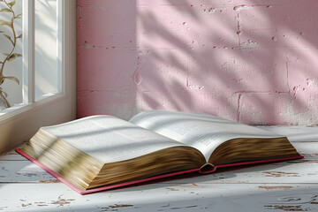 A thick book was placed next to the window where sunlight filtered through the trees. reading concept.