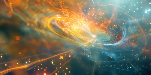 Abstract Digital Art Illustrating Cosmic Phenomenon With Glowing Particles And Swirls, banner with copy space