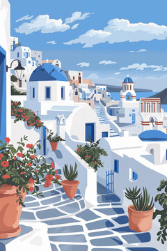 Santorini travel poster, design with traditional white buildings with blue roofs. Ai generated image