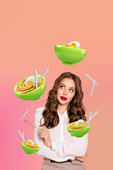 Vertical creative collage picture young gorgeous woman lunch nutrition pasta egg ramen tasty delicious menu order drawing background - obrazy, fototapety, plakaty