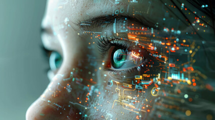 Close-up of a human eye with futuristic digital overlays, representing concepts of technology integration, cybernetics, and augmented reality.