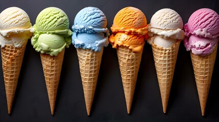 Colorful Ice Cream Scoops in Sugar Cones: A Perfect Visual for Marketing, Advertising, or Interior Design. Concept Food Photography, Marketing Visuals, Interior Design Inspo, Colorful Treats