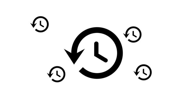 Zoom in and out animation the time back symbol. Large black symbol in the center and four small symbols around. Seamless looped 4k animation on white background