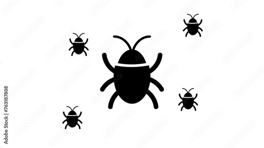 Poster zoom in and out animation the bug symbol. large black symbol in the center and four small symbols ar