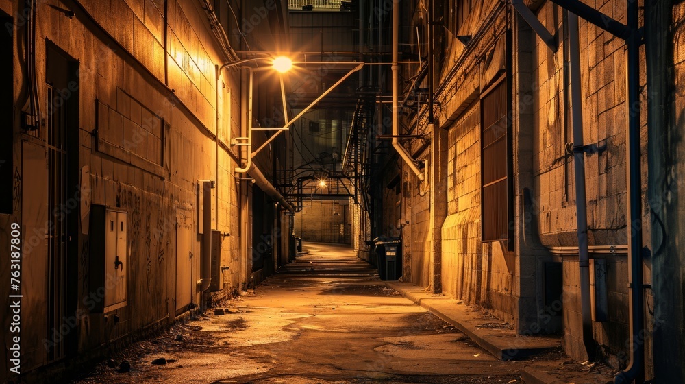Poster an empty back alley scene illuminated by a single overhead lamp ai generated illustration