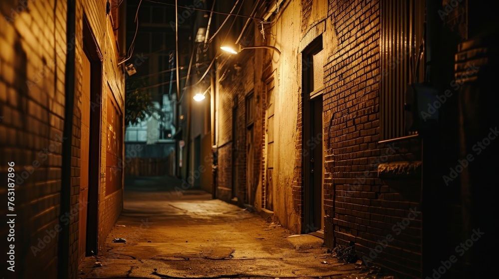 Poster an empty back alley scene illuminated by a single overhead lamp ai generated illustration