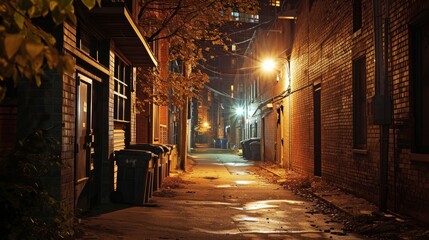 An empty back alley scene illuminated by a single overhead lamp AI generated illustration