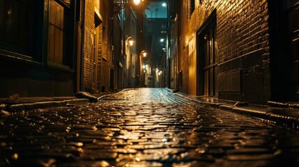 An empty dimly lit cobblestone alleyway AI generated illustration