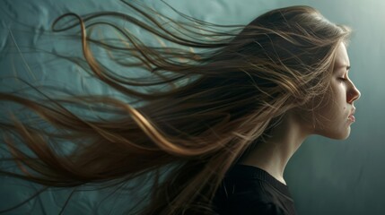 Young woman with long flowing hair to emphasize its smoothness and shine - obrazy, fototapety, plakaty