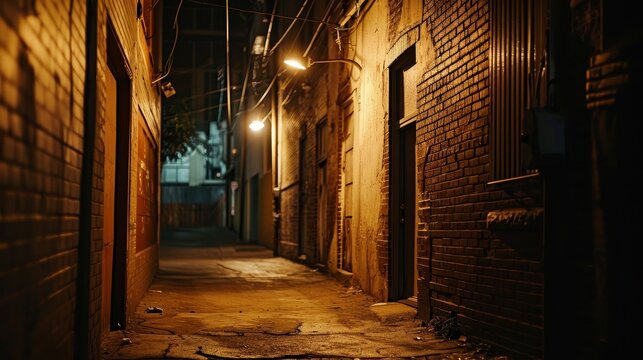 An empty back alley scene illuminated by a single overhead lamp AI generated illustration