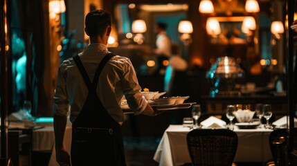 Waiter carrying a tray with gourmet dishes in a stylish restaurant - obrazy, fototapety, plakaty