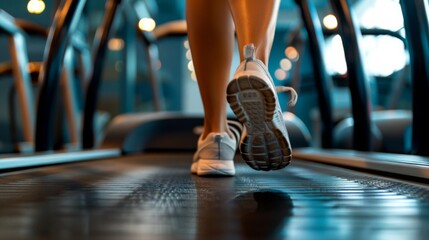 Woman's legs on a treadmill with emphasis on the movements and rhythm of her legs during exercise