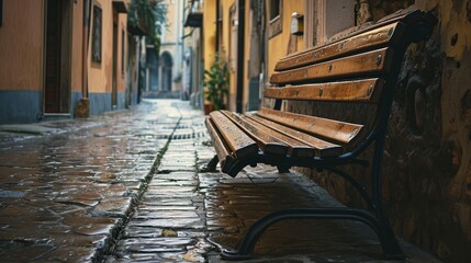 Fototapeta na wymiar An empty wooden bench in a quiet street corner AI generated illustration