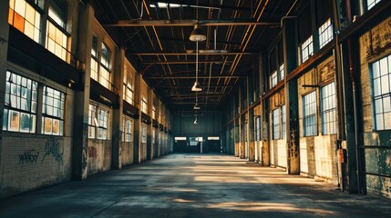 An empty warehouse with tall windows high ceilings and a single overhead hanging lamp AI generated illustration - obrazy, fototapety, plakaty