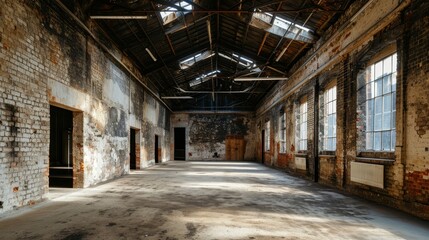 An empty warehouse with exposed brick walls AI generated illustration