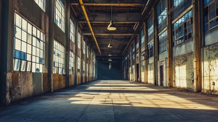 Foto op Aluminium An empty warehouse with tall windows high ceilings and a single overhead hanging lamp AI generated illustration © Olive Studio