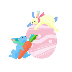 カラフルなイースターエッグに乗るうさぎのイラスト