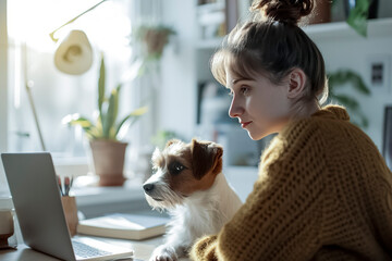 woman sits at a desk with a laptop and a dog. The dog is looking at the camera and the woman is smiling. Concept of warmth and companionship between the woman and her pet