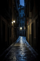 narrow, wet alleyway at night, illuminated by street lamps, between tall, old buildings, creating a serene yet mysterious atmosphere
