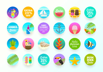 Set of summer vacation and travel label, tag and sticker. Vector illustration. Design elements.