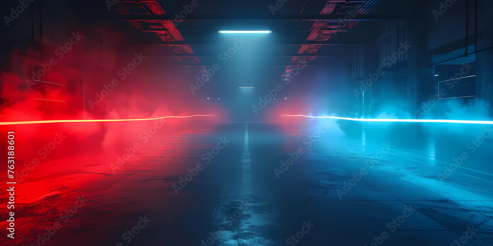 Aufkleber abstract panoramic background of curvy dynamic neon lines glowing in the dark room with floor reflec