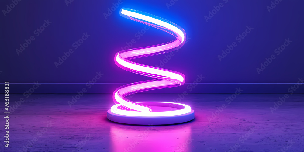 Poster abstract panoramic background of curvy dynamic neon lines glowing in the dark room with floor reflec